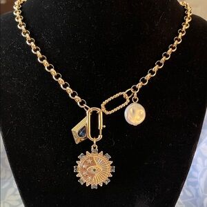 NWT Gemma Layne Gold Pendant Necklace with Charms- Pearl and evil eye